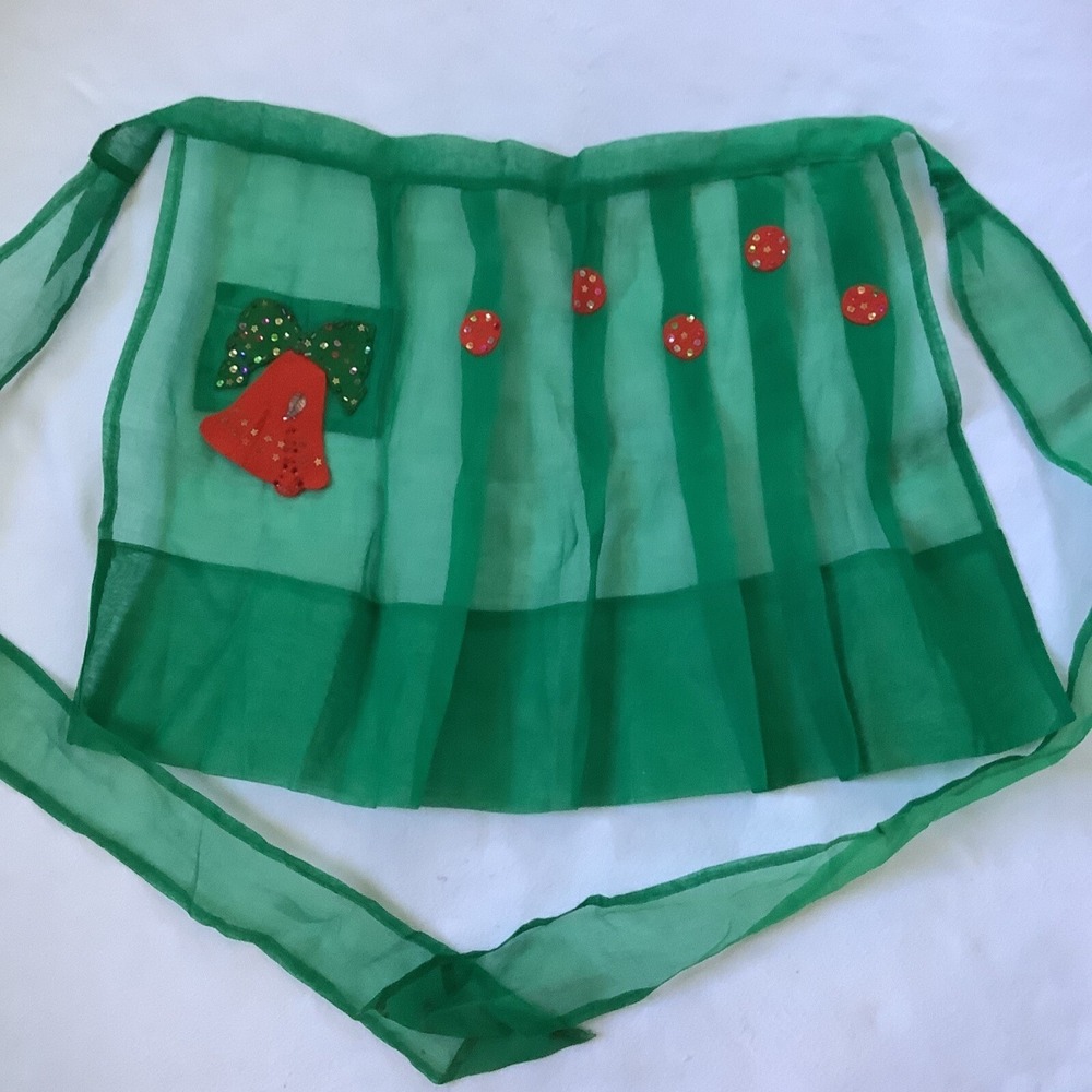 Handmade Christmas Half Apron Green Sheer Bell Pocket Sequins Retro Holiday